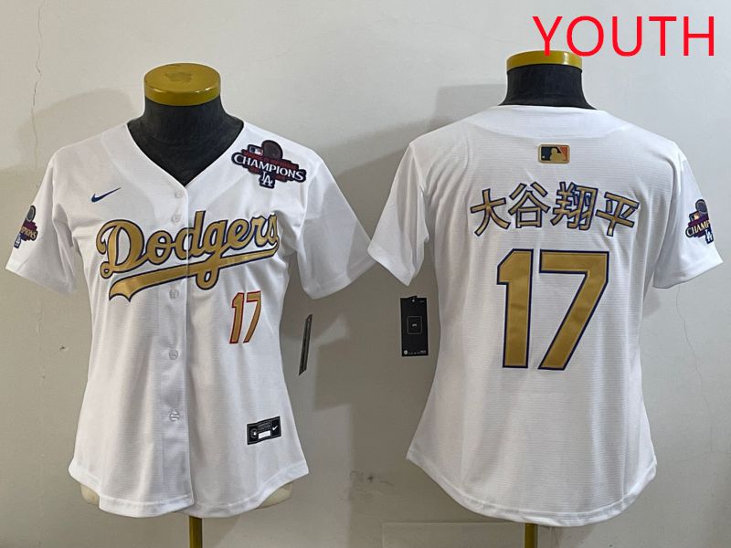 Youth Los Angeles Dodgers #17 Ohtani White Champion gold character 2025 Nike MLB Jersey style 7->youth mlb jersey->Youth Jersey